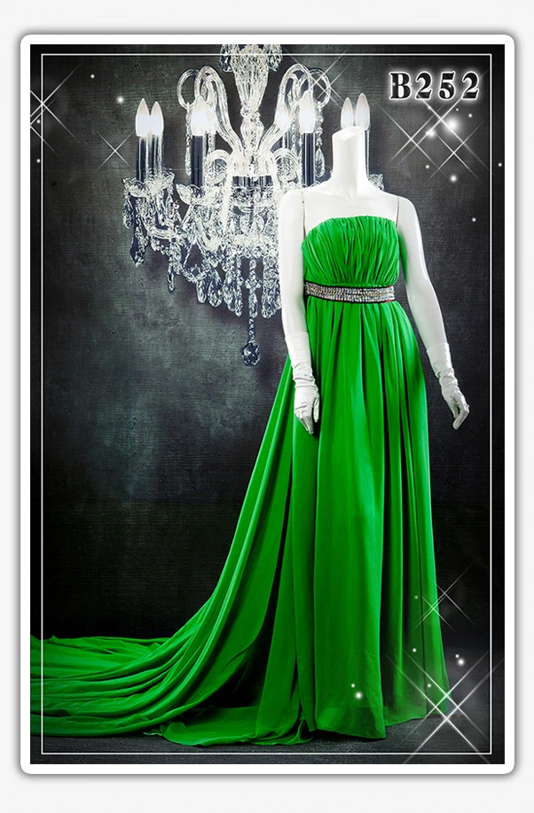 平價 晚禮服,綠色,雪紡紗,拖尾晚禮服